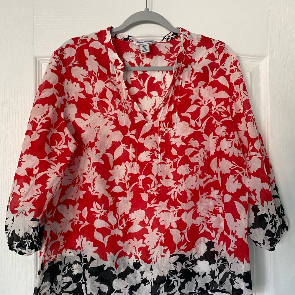 Tommy Bahama Silk Cotton Blend Red and White Floral Blouse